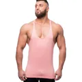 Close-up of a muscular man wearing a breathable pink slim-fit stringer gym tank top - M / Tops / Light Pink