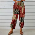 Bohemian vintage ethnic patchwork print high waist cropped trousers with buttoned cuffs - S / Bottoms / Red