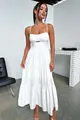 Elegant solid white sleeveless tiered maxi dress with a cutout waist and low bust design - S / White