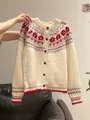 Cárdigan de punto Fair Isle vintage con motivos florales rojos blanco crema - Talla única / Tops / Blanco Roto