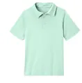 Close-up detail of mint green short sleeve children's polo shirt with button collar - Light Lake Blue