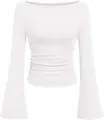 Detailweergave van het witte T-shirt met boothals, geplooide taille en klokmouwen. - S / Tops / Wit