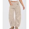 Detail view of high-waisted beige corduroy pants with loose straight leg fit - Beige