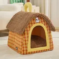 Cozy semi-enclosed plaid pet house bed with brown plush roof and portable top handle - Warm Coffee Check Villa / S