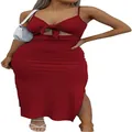 Close-up detail of a red knit bodycon maxi dress with tie-front cutout and side slit - S / Dresses / Burgundy