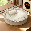 Round cream ruffled pet bed featuring heart pattern cushion and small matching pillow - S (40x33x11cm) / Cotton Filled / Beige Heart Print
