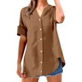 Gedetailleerd vooraanzicht van een bruin casual damesoverhemd met korte mouwen en knopen - S / Tops / koffiekleur