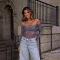Elegant sheer off-shoulder long sleeve top with purple sequin bust detail for women - S / Tops / Gray