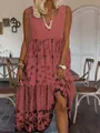 Elegant dusty rose printed sleeveless maxi dress for women in a lifestyle setting - S / Dresses / Red