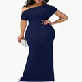 Robe de soirée formelle longue moulante élégante bleu marine sans manches à épaules dénudées - Bleu marine