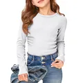 Close-up of girls' white long-sleeve ribbed T-shirt with a slim fit and crew neck. - S / Tops / White