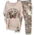 Detail view of women's casual set with graphic butterfly t-shirt and camo print pants - 3XL / Top And Bottom / Apricot Butterfly Style (134105-3)