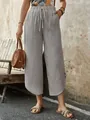 Γυναικείο casual βαμβακερό λινό παντελόνι με κορδόνι και φαρδύ μπατζάκι σε γκρι - S / Bottoms / Ανοιχτό γκρι