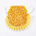 Hen saddle apron feather protector featuring an orange bee pattern and yellow ruffles - One Size / Orange Bee Print
