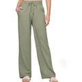 High-waisted olive green wide-leg linen pants with drawstring and patch pockets - S / Bottoms / Olive