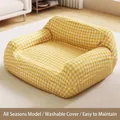 Removable yellow gingham patterned dog bed replacement cover for all-season pet bed - M / Yellow and White Plaid