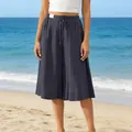 Detail view of women's casual wide-leg cropped beach pants with a functional drawstring. - Dark Gray