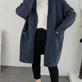 Thick mid-length knit cardigan sweater in dark grey loose fit with pockets for women - One Size / Tops / Grey Blue
