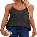 Close-up of a glamorous shimmering black sequined V-neck camisole featuring thin straps - S / Tops / Black