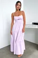 Elegant lavender spaghetti strap maxi dress featuring a chic tiered ruffled skirt design - S / Lotus Pink