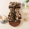 Close-up detail of a thick leopard print pet coat with hood and cute animal ears - S / Two-Legged Outfit / Coffee
