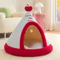 Geschlossenes Haustierzelt-Bett in Rot und Weiß kariert mit weichem, bequemem Plüschrand - S: 38*38cm / Apfel-Plaid-Zelt + Kühlmatte / Blau-Rot Kariert