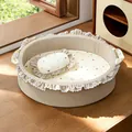 Soft beige circular pet bed with elegant lace trim and polka dot pillow for cats and small dogs - S (40x33x11cm) / Sponge Style / Beige