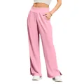 Full view of women's pink high-waisted wide-leg flowing casual trousers on model - S / Bottoms / Pink