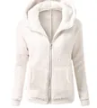 Close-up view of a white fuzzy fleece zip-up hoodie featuring front pockets and hood - 3XL / Tops / White