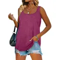 Detailed view of women's purple square neck sleeveless summer tank top shown on model - Fuschia