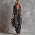 Full view of vintage hooded jumpsuit with front zipper and deep V-neckline - S / Set (JXJ020) / Dark Gray
