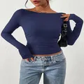 Dettaglio di un crop top blu navy in maglia a coste a maniche lunghe con scollo a barchetta - Blu navy