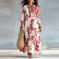 Robe longue bohème à fleurs avec manches longues et col à revers pour femme - S / Robes / Rouge