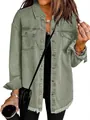 Macro detail of washed sage green denim shirt jacket showing frayed hem and pockets - S / Tops / Olive Green