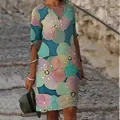Elegant bohemian V-neck mid-sleeve dress with vibrant colorful floral prints for women - Flower