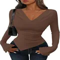 Close-up of brown slim-fit long-sleeve top featuring a chic asymmetrical hem and V-neck - Dark Brown