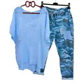 Detail view of blue camouflage jogger pants and oversized T-shirt set for women - 3XL / Top And Bottom / Blue