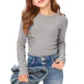 Close-up detail of grey long-sleeved ribbed T-shirt for girls showing slim fit texture - S / Tops / Mixed Grey