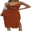 Detailed look at a burnt orange sleeveless knit bodycon maxi dress with waist cutout - S / Dresses / Caramel color