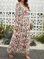 Elegant long-sleeved floral maxi dress with ruffled V-neck and cinched waist - Rainbow