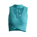 Close-up detail of a turquoise ribbed knit halter crop top with front crossover design - Cyan Green
