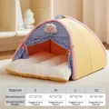 Cozy yellow plush cat tent bed with fluffy white cushion and size chart for dogs - Plaid Door Curtain Tent [Door Curtain Design, High Security] / S: 38*38cm (For kittens or small dogs within one month)