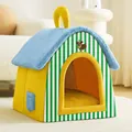 Maison close confortable pour animaux avec toit en peluche bleue et motif à rayures vertes. - Maison Rayée / S (Chats 2,5kg/Chiens 1,5kg)