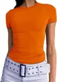 T-shirt ajusté orange à manches courtes pour femmes avec col rond et texture côtelée - S / Hauts / Orange (Manches Courtes)