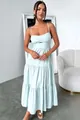 Elegant light blue tiered maxi dress with thin straps and stylish waist cutout - S / Light Blue