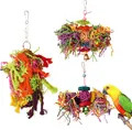 Set of 3 colorful parrot chewing toys with rattan balls and paper shreds for bird cages. - Three-Piece Set