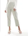 Full-length view of elegant high-waisted sage green straight trousers for women's workwear - S / Bottoms / Light Gray