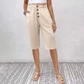 Stylish beige cotton linen high-waisted casual shorts with pockets and buttons for women - Apricot