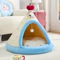 Cozy enclosed pet tent bed with cherry topper and blue plush trim for small dogs - S (38x38x35cm) / Sea Salt Tent