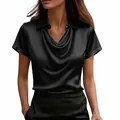 Detail of elegant black satin short-sleeved shirt with cowl neck and lapel collar - S / Tops / Black